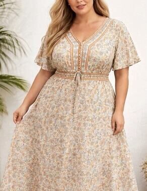 LEA Bohemian Maxi Dress 2X Cotton Floral Stretch Waist Cottagecore Prairie NWT